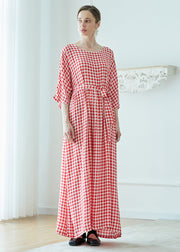 Loose Pink Plaid O Neck Wrinkled Patchwork Cotton Robe Dresses Summer