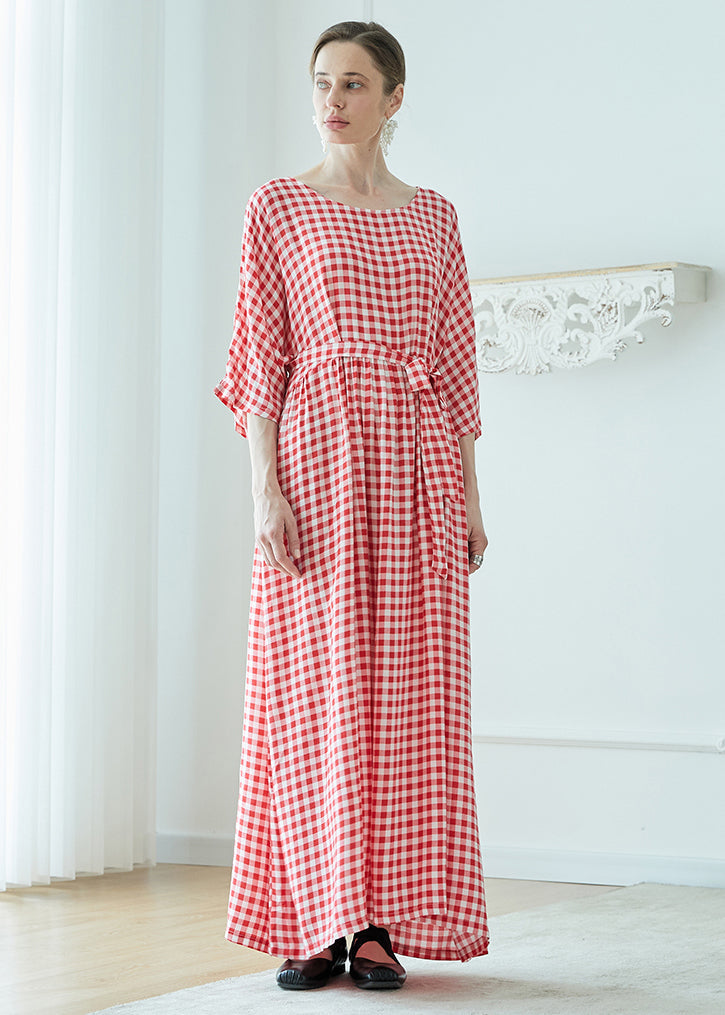 Loose Pink Plaid O Neck Wrinkled Patchwork Cotton Robe Dresses Summer