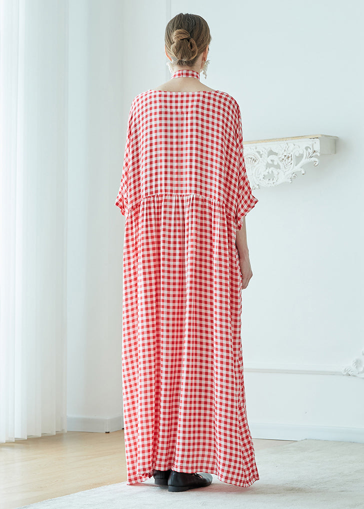 Loose Pink Plaid O Neck Wrinkled Patchwork Cotton Robe Dresses Summer