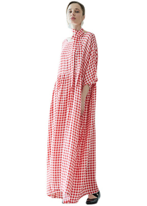 Loose Pink Plaid O Neck Wrinkled Patchwork Cotton Robe Dresses Summer