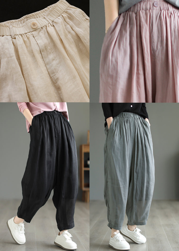 Loose Pink Pockets Elastic Waist Linen Pants Summer