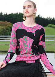 Loose Pink Print Patchwork Thick Print Silk Cotton Top Fall