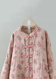 Loose Pink Print Pockets Cotton Filled Parka Winter