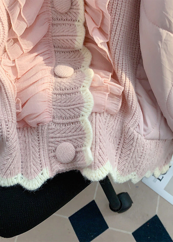 Loose Pink Ruffled Button Knit Patchwork Thin Parka Winter