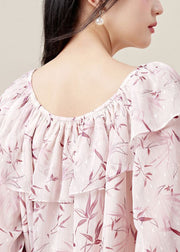 Loose Pink Ruffled Print Chiffon Shirt Flare Sleeve