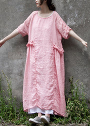 Loose Pink Ruffled Solid Linen Two Pieces Set Summer