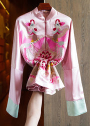 Loose Pink Stand Collar Embroideried Patchwork Silk Coats Fall