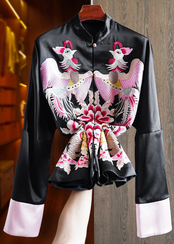 Loose Pink Stand Collar Embroideried Patchwork Silk Coats Fall