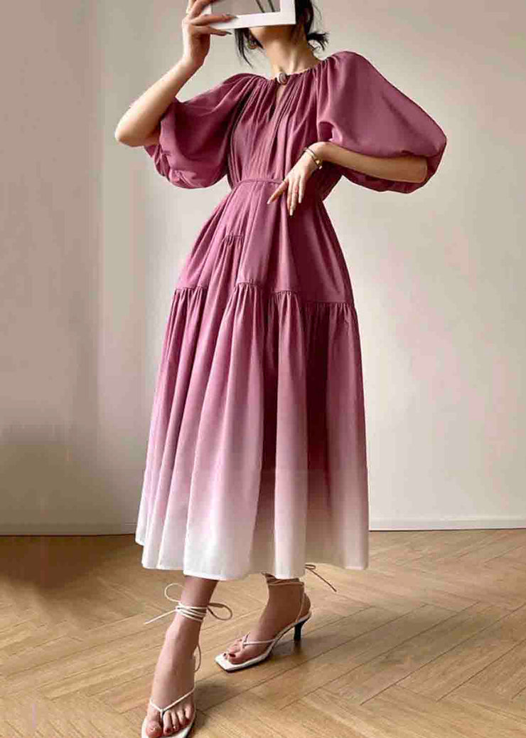 Loose Pink Tie Waist Wrinkled Patchwork Cotton Dresses Lantern Sleeve