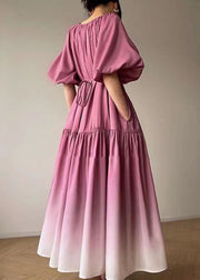 Loose Pink Tie Waist Wrinkled Patchwork Cotton Dresses Lantern Sleeve