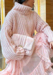 Loose Pink Turtleneck Solid Knit Sweaters Spring