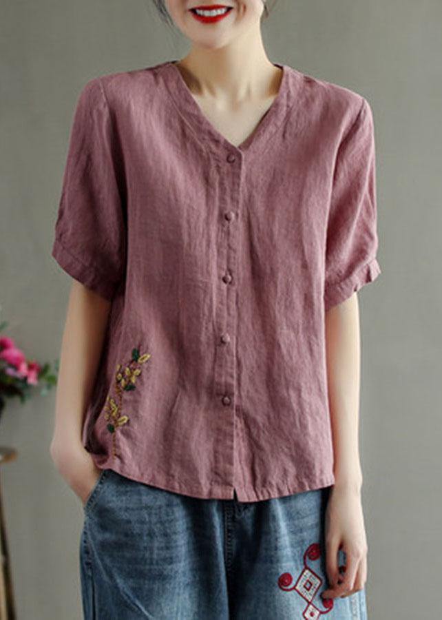 Loose Pink V Neck Embroideried Floral Summer Linen Shirt - SooLinen