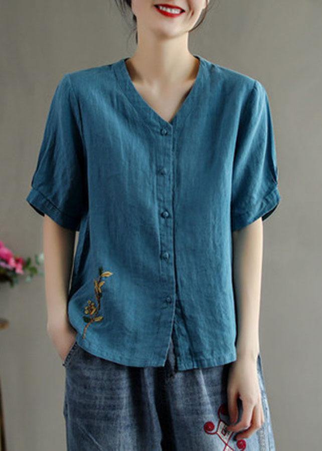 Loose Pink V Neck Embroideried Floral Summer Linen Shirt - SooLinen