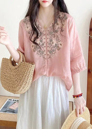 Loose Pink V Neck Embroideried Linen Shirts Half Sleeve