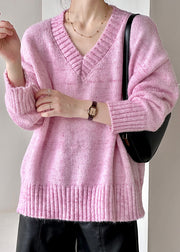 Loose Pink V Neck Hollow Out Cotton Knit Sweater Fall