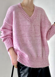 Loose Pink V Neck Hollow Out Cotton Knit Sweater Fall