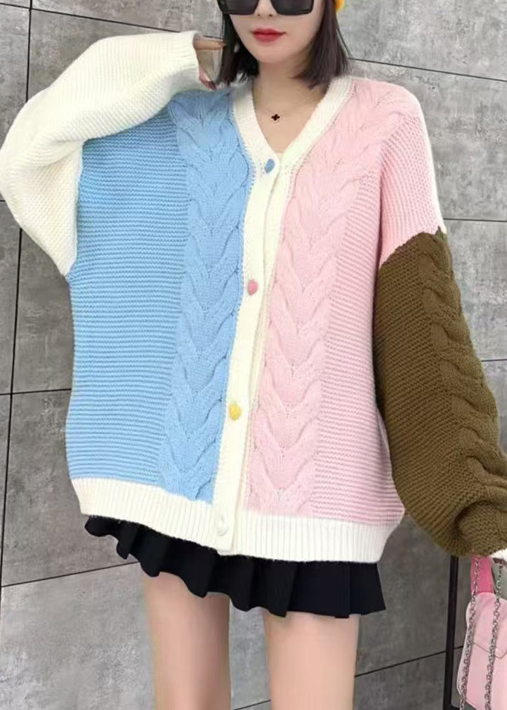 Loose Pink V Neck Patchwork Knit Loose Cardigans Spring