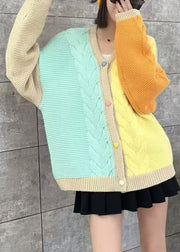 Loose Pink V Neck Patchwork Knit Loose Cardigans Spring