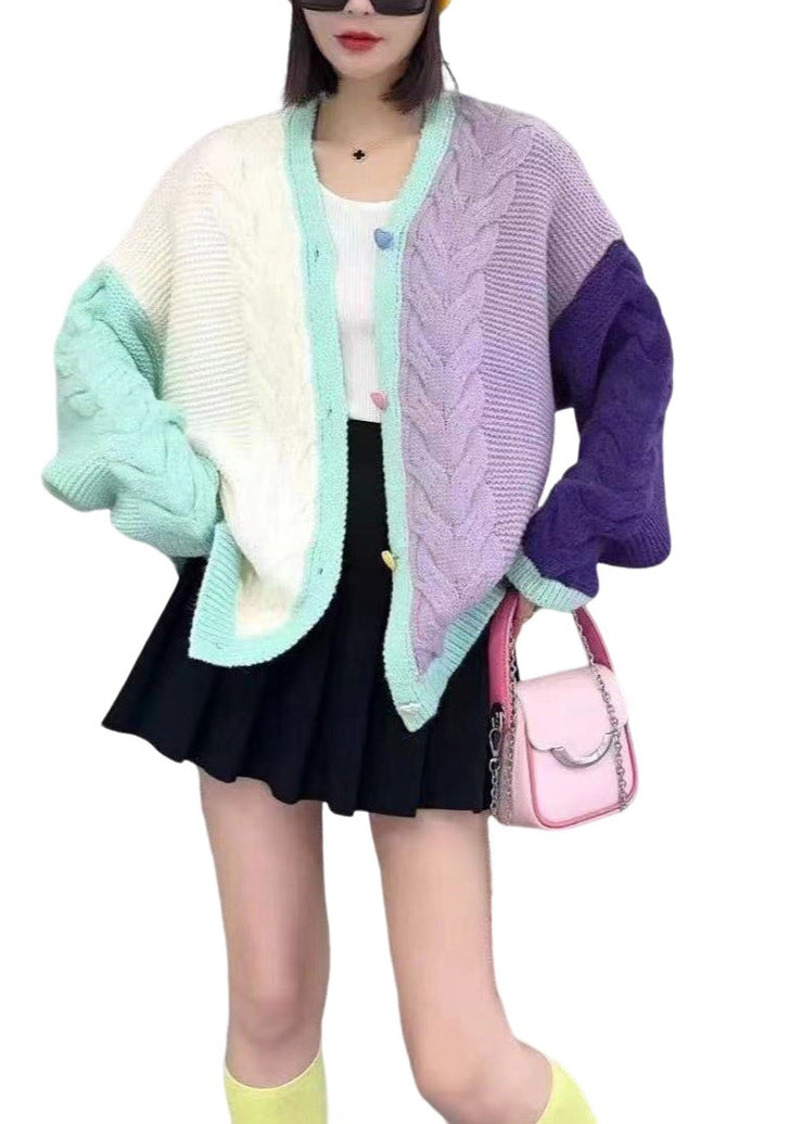 Loose Pink V Neck Patchwork Knit Loose Cardigans Spring