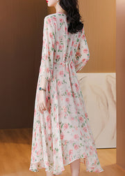 Loose Pink V Neck Print Drawstring Silk Dresses Summer