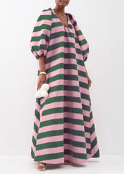 Loose Pink V Neck Striped Puff Sleeve Cotton Ankle Dress