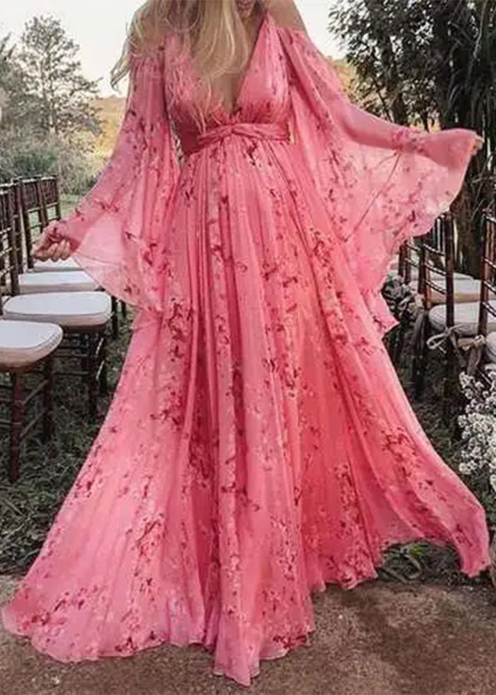 Loose Pink V Neck Wrinkled Print Chiffon Maxi Dresses Batwing Sleeve