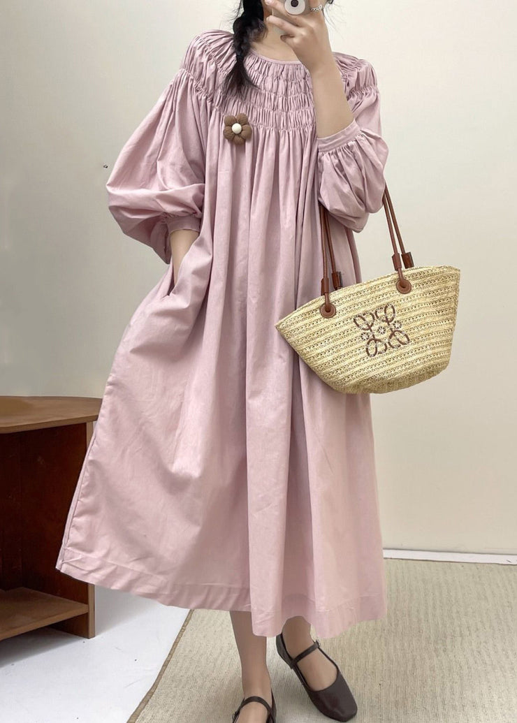 Loose Pink Wrinkled Pockets Cotton Dress Spring