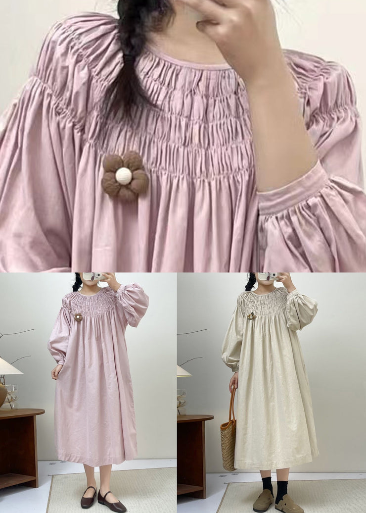 Loose Pink Wrinkled Pockets Cotton Dress Spring