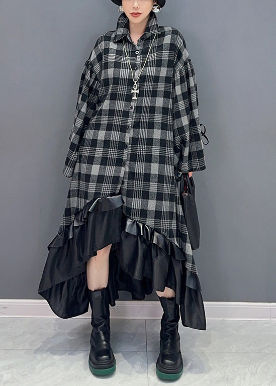 Loose Plaid Asymmetrical Patchwork Cotton Dress Long Sleeve