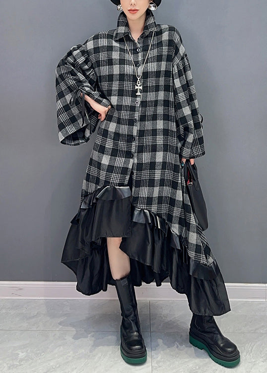 Loose Plaid Asymmetrical Patchwork Cotton Dress Long Sleeve