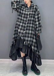 Loose Plaid Asymmetrical Patchwork Cotton Dress Long Sleeve