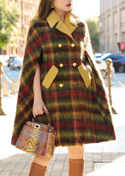 Loose Plaid Button Pockets Patchwork Woolen Cape Coats Sleeveless