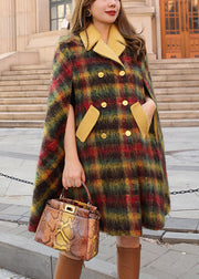 Loose Plaid Button Pockets Patchwork Woolen Cape Coats Sleeveless