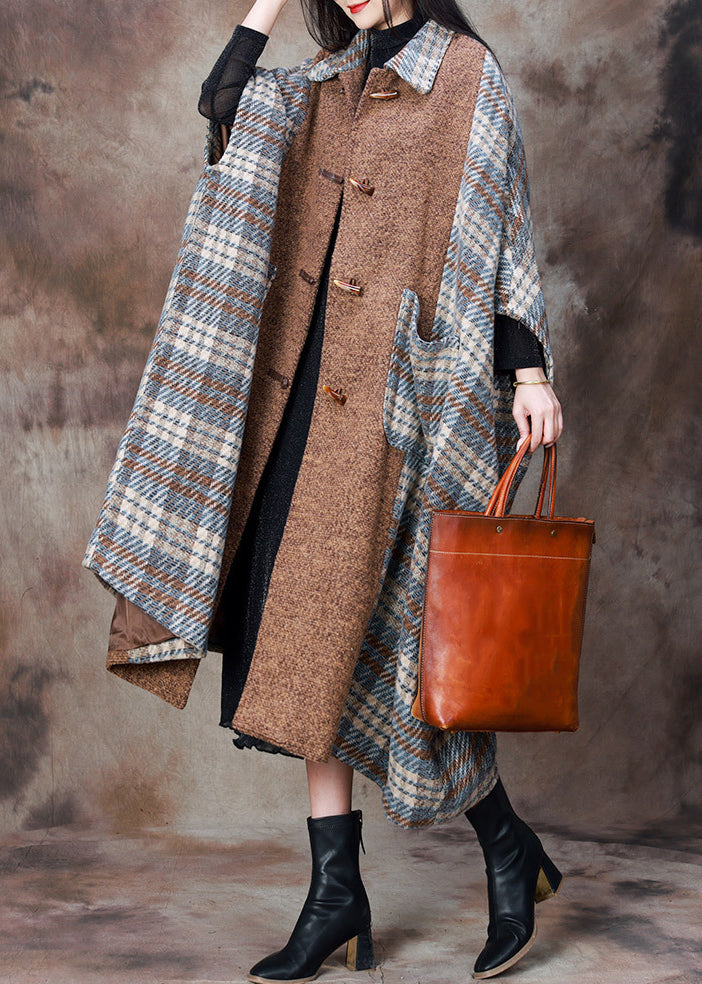 Loose Plaid Button Pockets Patchwork Woolen Coats Winter