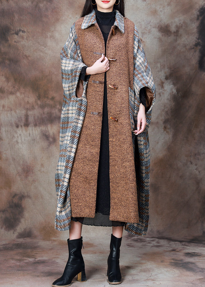 Loose Plaid Button Pockets Patchwork Woolen Coats Winter