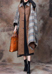 Loose Plaid Button Pockets Patchwork Woolen Coats Winter