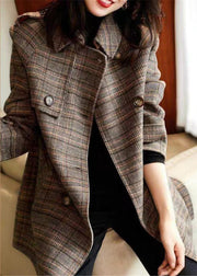 Loose Plaid Double Breast Tie Waist Wool Blend Coats Winter