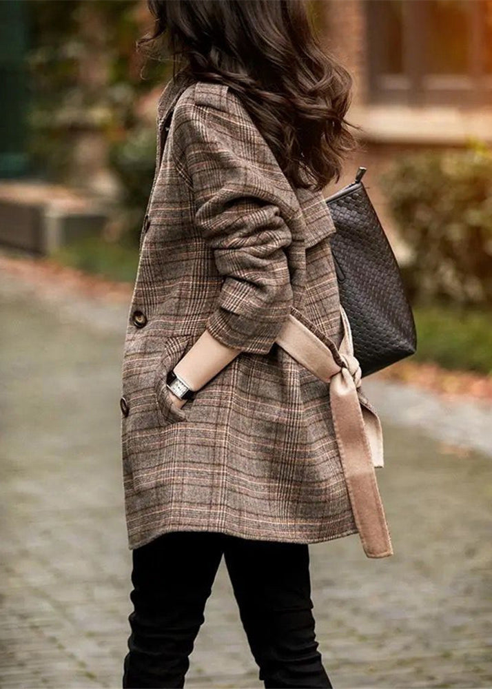 Loose Plaid Double Breast Tie Waist Wool Blend Coats Winter