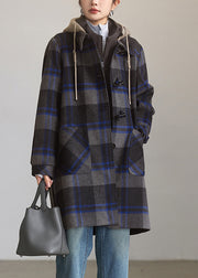 Loose Plaid Hooded Button Pockets Woolen Coats Spring