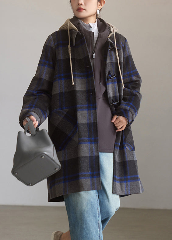 Loose Plaid Hooded Button Pockets Woolen Coats Spring