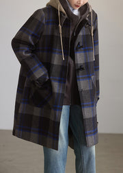 Loose Plaid Hooded Button Pockets Woolen Coats Spring