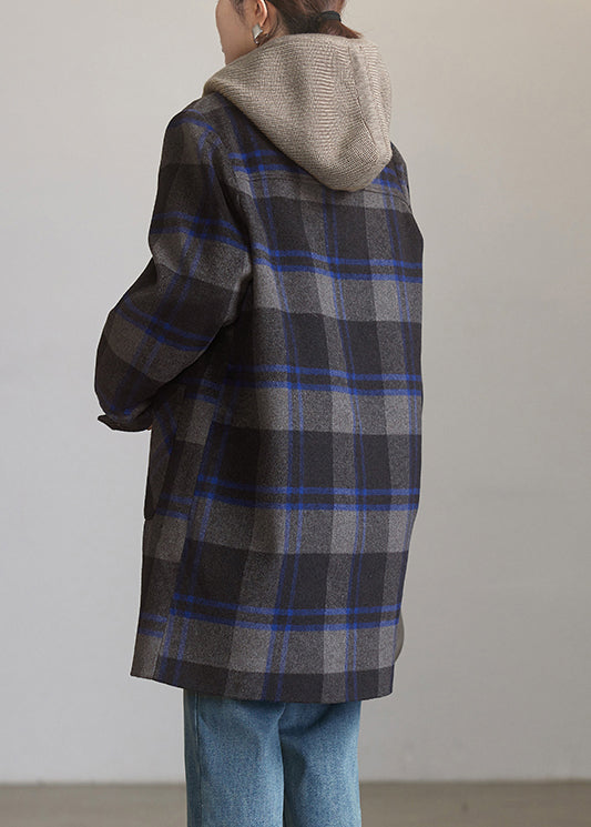 Loose Plaid Hooded Button Pockets Woolen Coats Spring