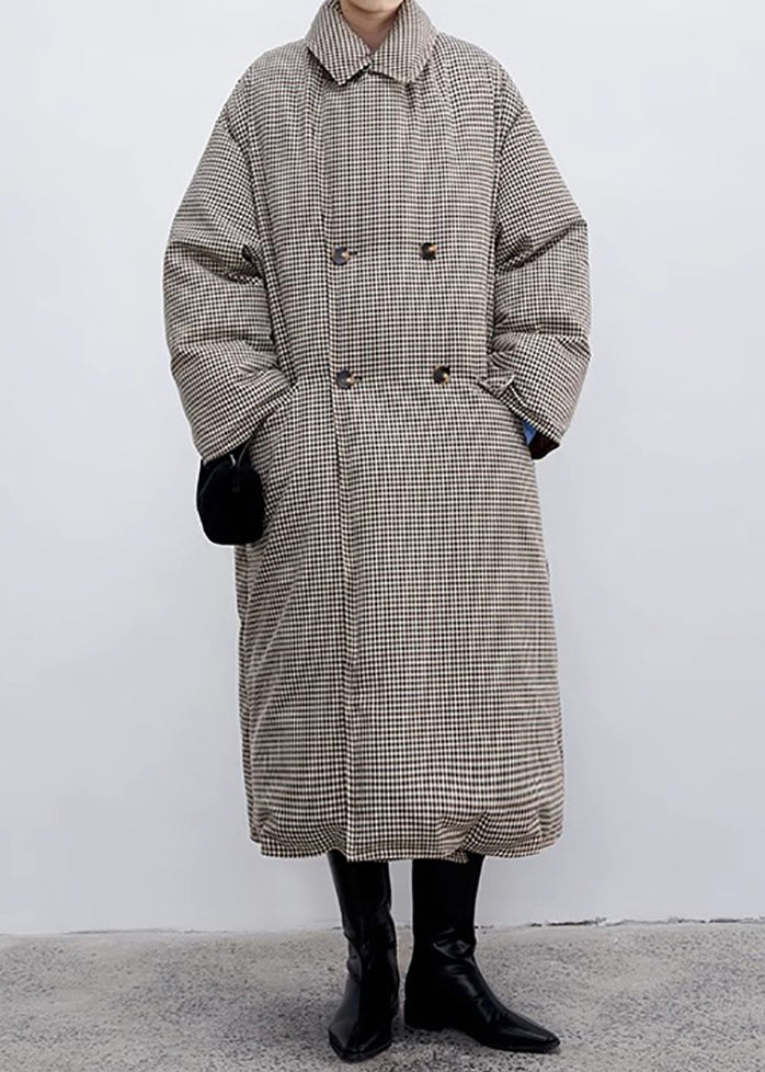 Loose Plaid Notched Double Breast Duck Down Long Coats Winter