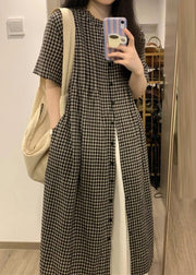 Loose Plaid O-Neck Button Long Smock Short Sleeve