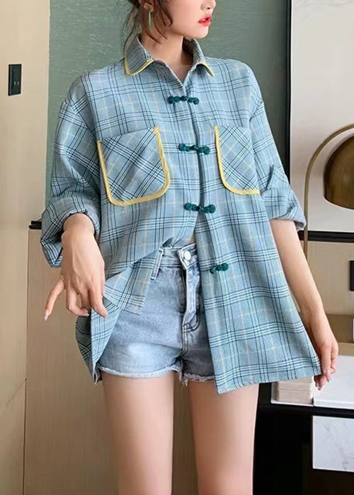 Loose Plaid Peter Pan Collar Button Pockets Cotton Shirt Spring