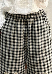 Loose Plaid Pockets Elastic Waist Cotton Crop Pants Spring