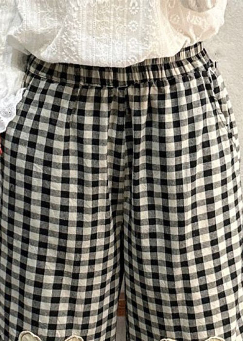 Loose Plaid Pockets Elastic Waist Cotton Crop Pants Spring