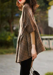 Loose Plaid V Neck Button Patchwork Cotton Coat Half Sleeve