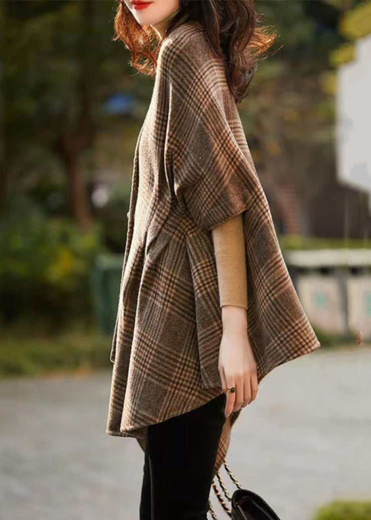 Loose Plaid V Neck Button Patchwork Cotton Coat Half Sleeve