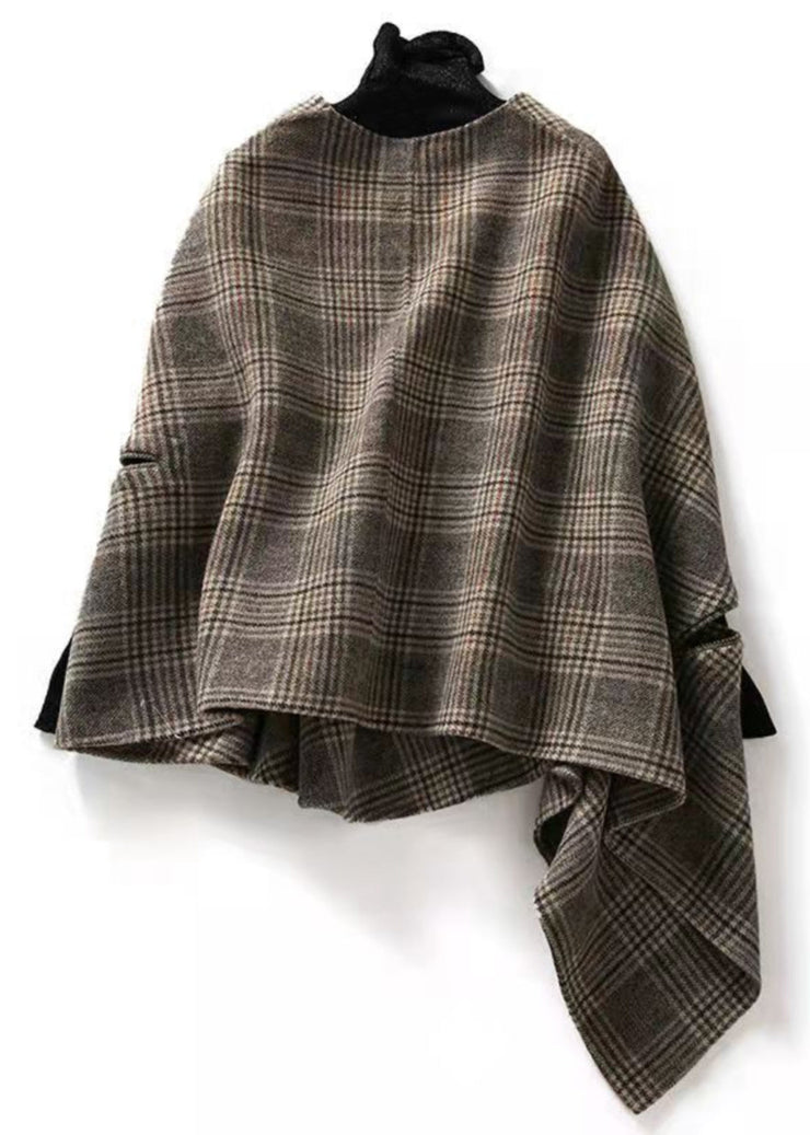 Loose Plaid V Neck Button Patchwork Cotton Coat Half Sleeve